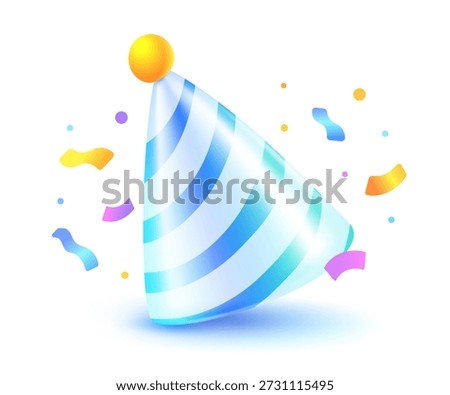 Vector illustration of party hat emoji with confetti. 3d cartoon style design of happy birthday symbol. Funny icon. Celebrate event emoji for social media, banner, sticker, card