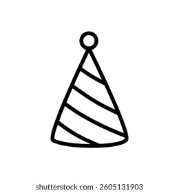 A vector illustration of a party hat in outlined style, isolated on a white background. Ideal for celebrations, birthdays, festivals, New Year's events, and festive designs.