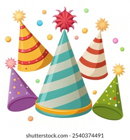 Vector illustration Party Hat Set Isolated with Decorations on White Background. Accessory Holiday. 