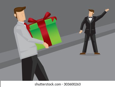 Vector illustration of party host in formal black suit and bow tie waving to guest with a big gift box. 