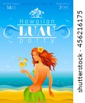 Vector illustration of party invitation design for hawaiian luau beach party with sand and sea background, palms, sexy hula girl with cocktail, bar drink icons menu and more summer travel symbols
