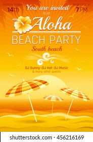Vector illustration of party invitation design for hawaiian luau beach party with sand and sunset sea background, palm leaves, hibiscus flower, sun parasols and more summer travel symbols