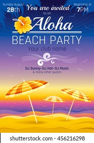 Vector illustration of party invitation design for hawaiian luau beach party with sand and sunset sea background, palm leaves, hibiscus flower, sun parasols and more summer travel symbols