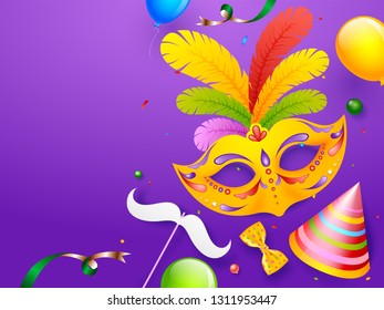 Vector illustration of party mask, hat, mustache prop and balloons on glossy purple background for Mardi Gras party poster or template design.