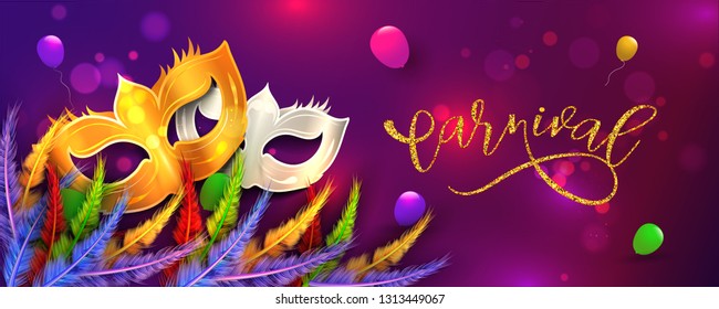 Vector illustration of party masks with colorful feather on purple bokeh background with sparkling lettering of Carnival. Header or banner design.