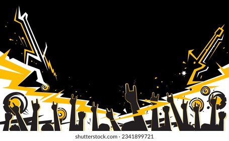 Vector illustration of party music decorated with rock and roll hand signs on a background design template for a music festival banner or concert poster.