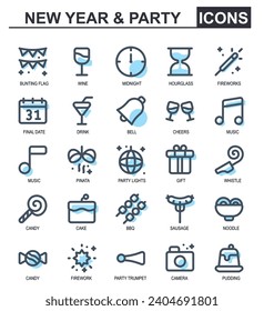 vector illustration of party and new year themes. filled line style. contains cakes, candy, BBQ, satay, sausages, noodles, fireworks, New Year's trumpets, cameras, pudding. icon suitable for new year.