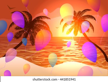 Vector Illustration. Party on the beach at sunset.