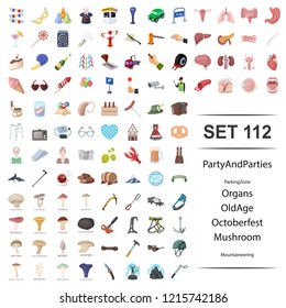 Vector illustration of party, parties, parking, zone, organ, old are oktoberfest mushroom mountaineering icon set.