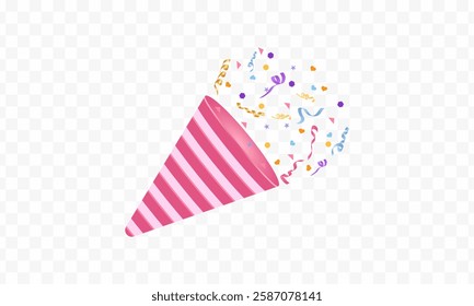 Vector Illustration of a party popper confetti set. Firecrackers, explosions, and celebrations. Birthday cracker isolated. Hand drawn design. Glittering confetti on a transparent background. Holiday.