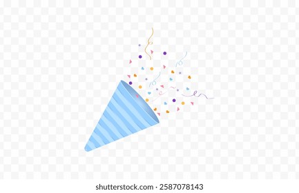 Vector Illustration of a party popper confetti set. Firecrackers, explosions, and celebrations. Birthday cracker isolated. Hand drawn design. Glittering confetti on a transparent background. Holiday.