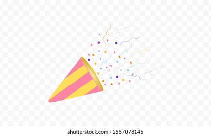 Vector Illustration of a party popper confetti set. Firecrackers, explosions, and celebrations. Birthday cracker isolated. Hand drawn design. Glittering confetti on a transparent background. Holiday.