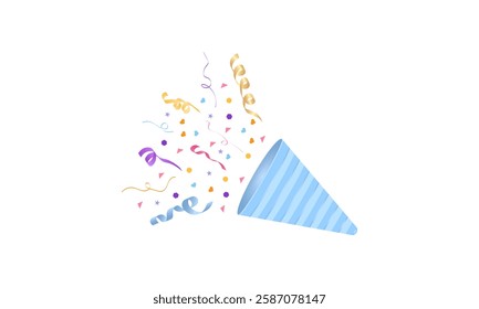 Vector Illustration of a party popper confetti set. Firecrackers, explosions, and celebrations. Birthday cracker isolated. Hand drawn design. Glittering confetti on a transparent background. Holiday.