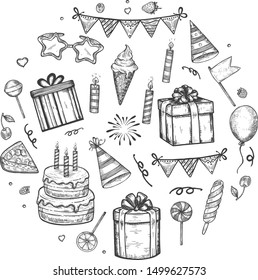 Vector illustration of party set. Happy birthday party icons making circle. Cake, present, firework, lollipops and ice cream, candles, presents, b-day cone cap. Vintage hand drawn style.