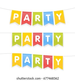 Vector illustration of party word on pennants on rope.