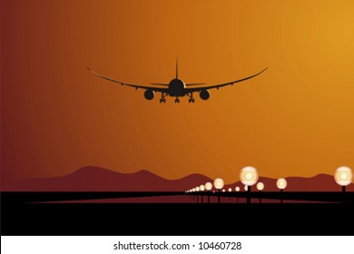 Vector illustration passenger aircraft landing (takeoff) at sunset. More transportation illustrations see in my portfolio.