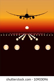Vector illustration passenger aircraft landing (takeoff) at sunset. More transportation illustrations see in my portfolio.