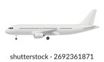 Vector illustration of a passenger airplane in side view showing the fuselage, wings, tail and landing gear on a white background.