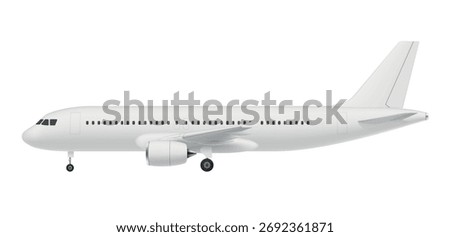 Vector illustration of a passenger airplane in side view showing the fuselage, wings, tail and landing gear on a white background.