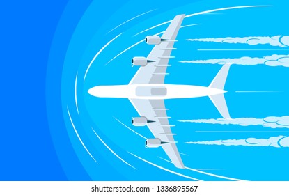 vector illustration of a passenger liner, bottom view, trace of the aircraft in the air