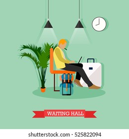 Vector illustration of passenger man sitting in waiting hall. Departure lounge. Travel by air concept design element in flat style.