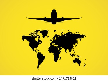 Vector illustration of passenger plane above world map silhouette. Template design of jet and world map.