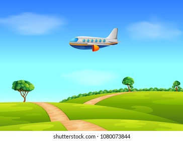 vector illustration of a passenger plane flying over field