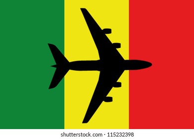 Vector Illustration of a passenger plane flying over the flag of Mali