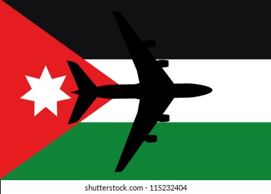 Vector Illustration of a passenger plane flying over the flag of Jordan