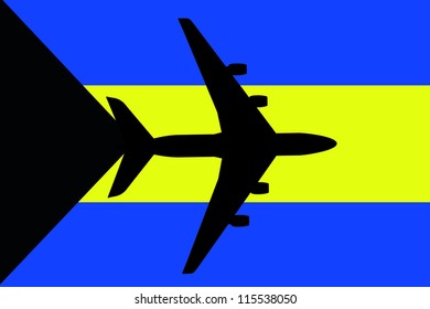Vector Illustration of a passenger plane flying over the flag of Bahamas