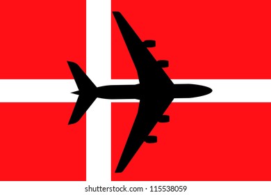 Vector Illustration of a passenger plane flying over the flag of Denmark