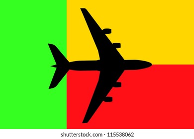 Vector Illustration of a passenger plane flying over the flag of Benin