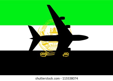 Vector Illustration of a passenger plane flying over the flag of Afghanistan