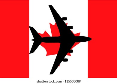 Vector Illustration of a passenger plane flying over the flag of Canada