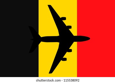 Vector Illustration of a passenger plane flying over the flag of Belgium