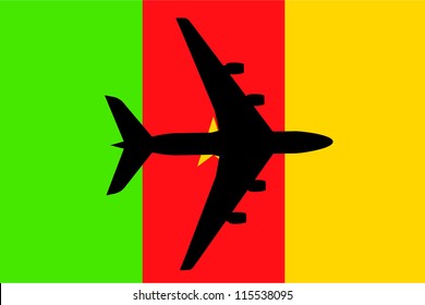 Vector Illustration of a passenger plane flying over the flag of Cameroon