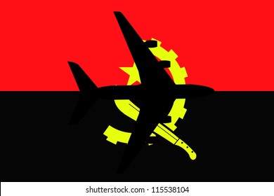 Vector Illustration of a passenger plane flying over the flag of Angola
