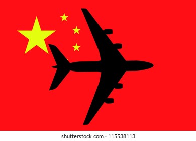 Vector Illustration of a passenger plane flying over the flag of China