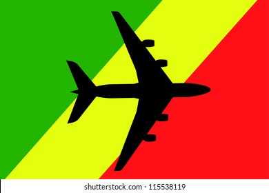 Vector Illustration of a passenger plane flying over the flag of Congo