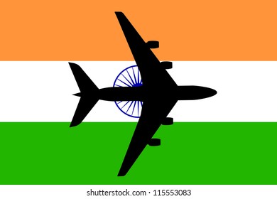 Vector Illustration of a passenger plane flying over the flag of India