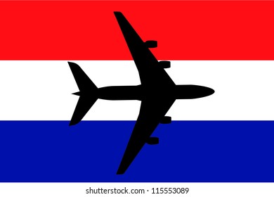 Vector Illustration of a passenger plane flying over the flag of Netherlands