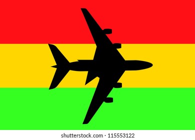 Vector Illustration of a passenger plane flying over the flag of Ghana