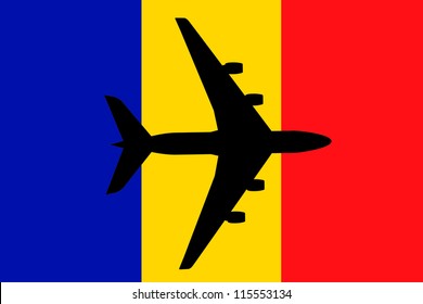 Vector Illustration of a passenger plane flying over the flag of Romania
