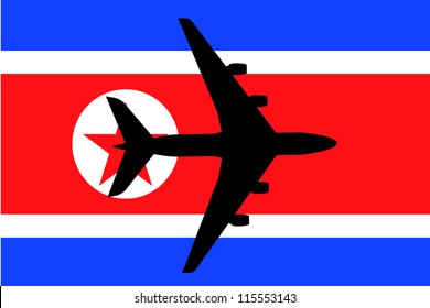 Vector Illustration of a passenger plane flying over the flag of North Korea