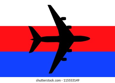 Vector Illustration of a passenger plane flying over the flag of Serbia