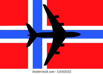 Vector Illustration of a passenger plane flying over the flag of Norway