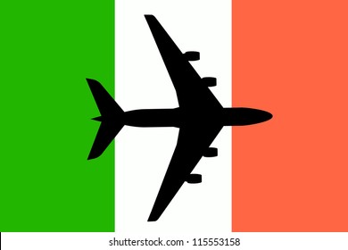 Vector Illustration of a passenger plane flying over the flag of Ireland