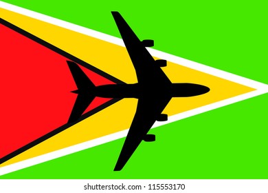 Vector Illustration of a passenger plane flying over the flag of Guyana