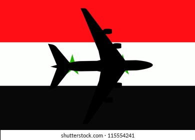 Vector Illustration of a passenger plane flying over the flag of Syria