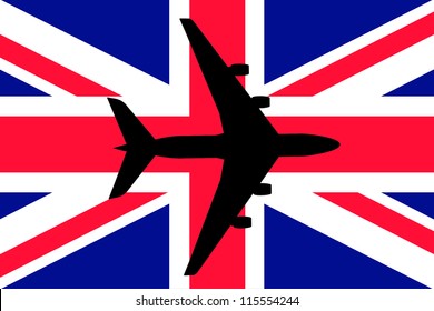 Vector Illustration of a passenger plane flying over the flag of United Kingdom